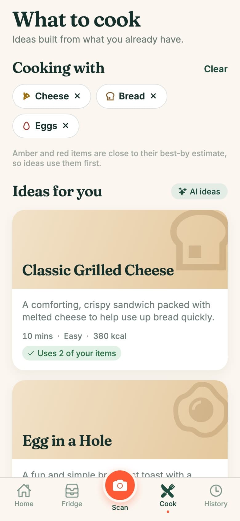 AI recipe ideas built from the selected ingredients