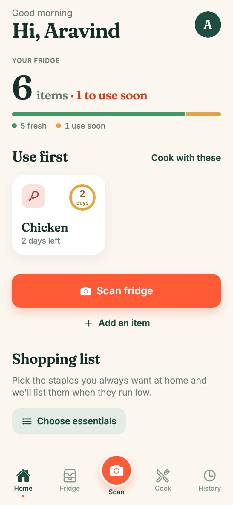FridgeMate AI home: 6 items, 1 to use soon
