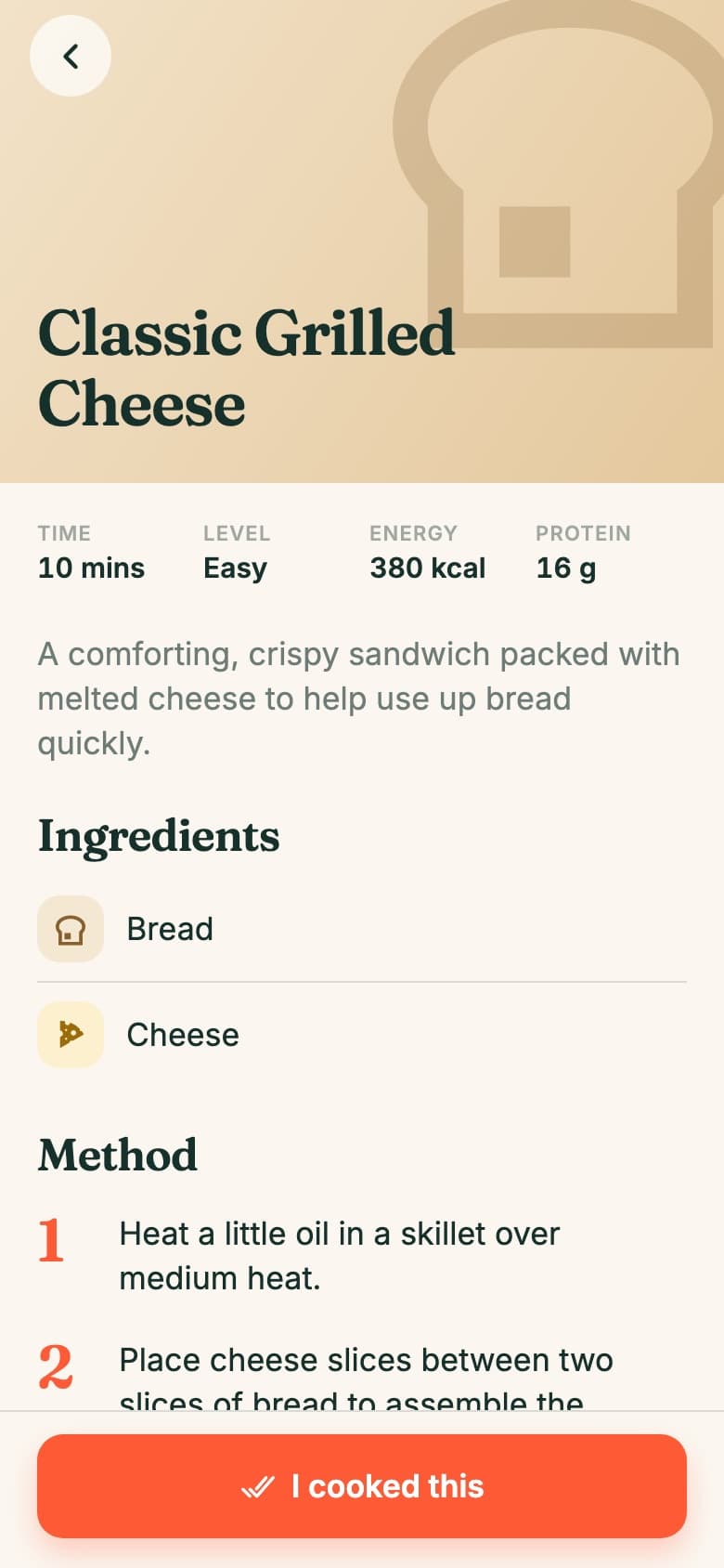 Recipe detail with time, level, energy and protein