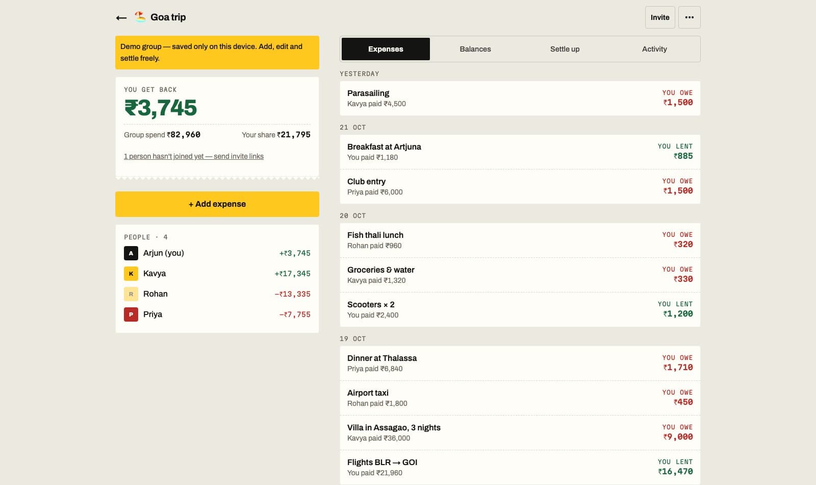 A group: your balance and the expense list