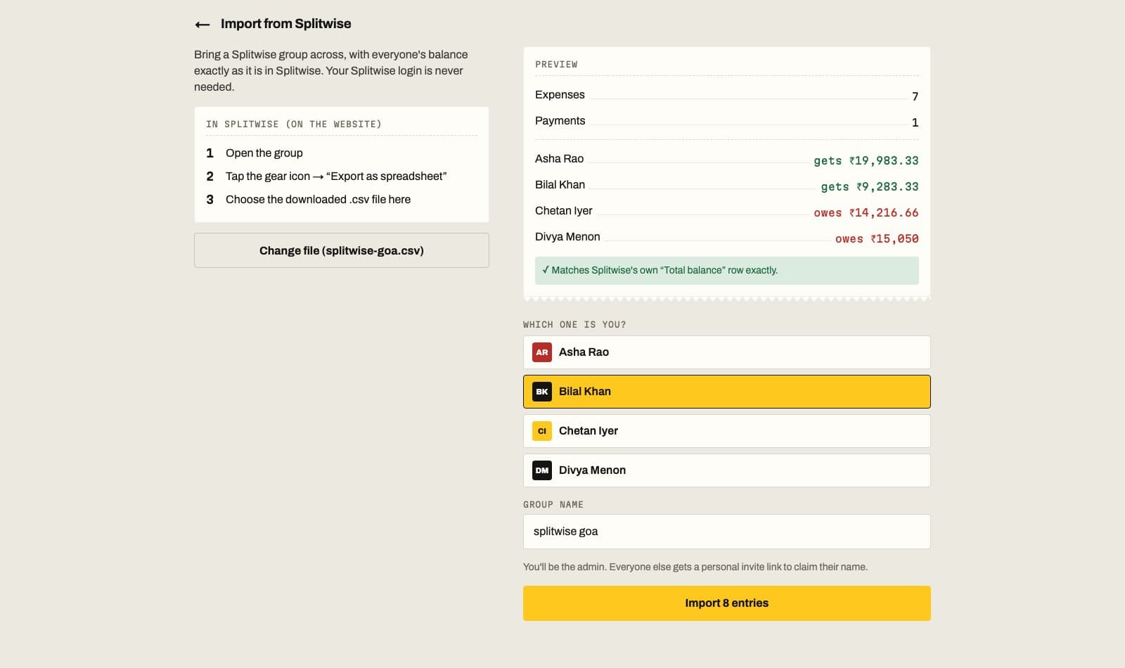 Splitwise import preview, checked against Splitwise's own totals