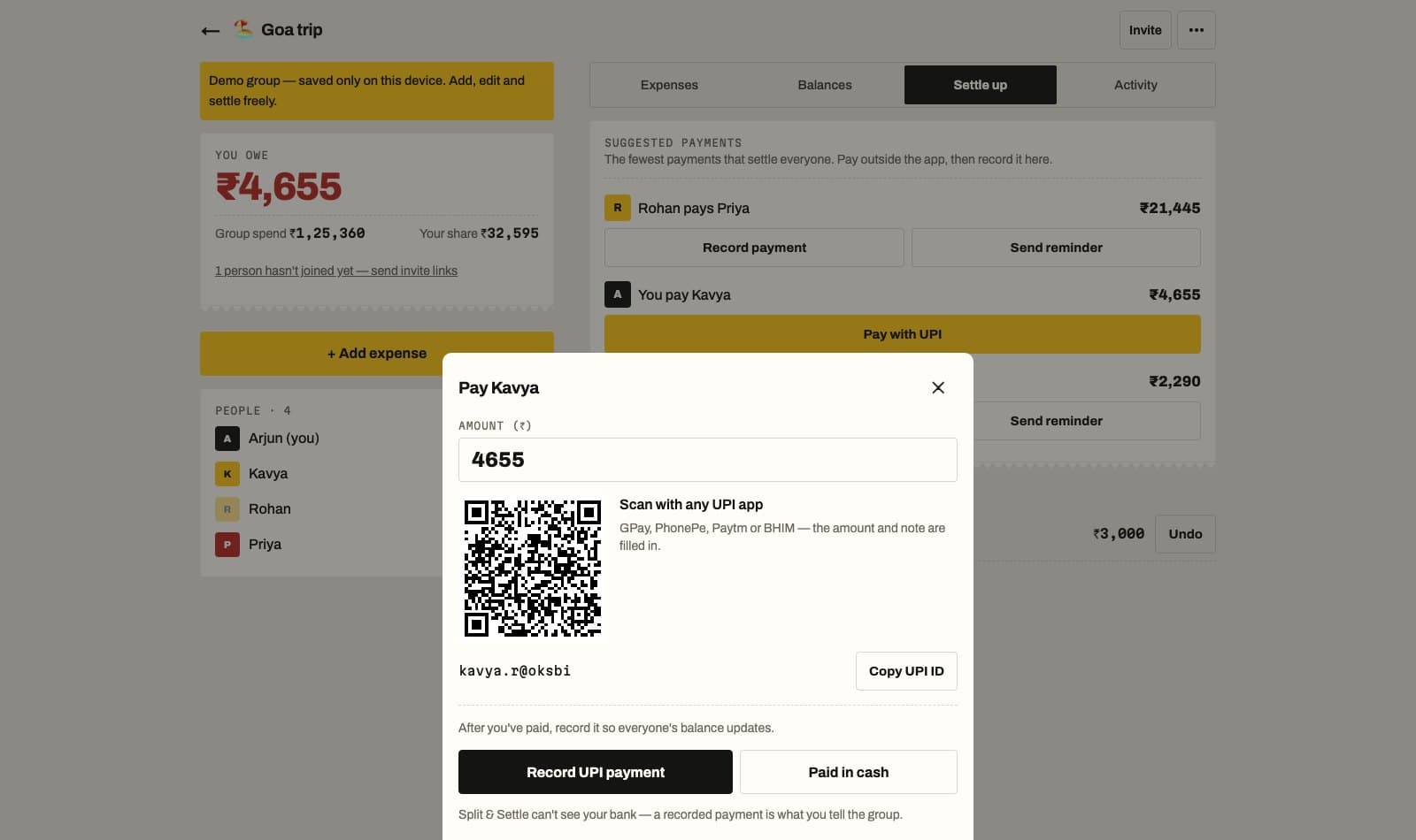 Pay sheet with a scannable UPI QR on desktop