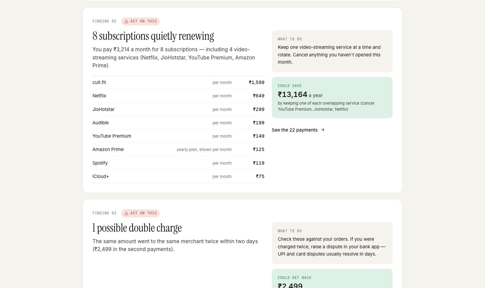 Findings: subscriptions renewing and a possible double charge