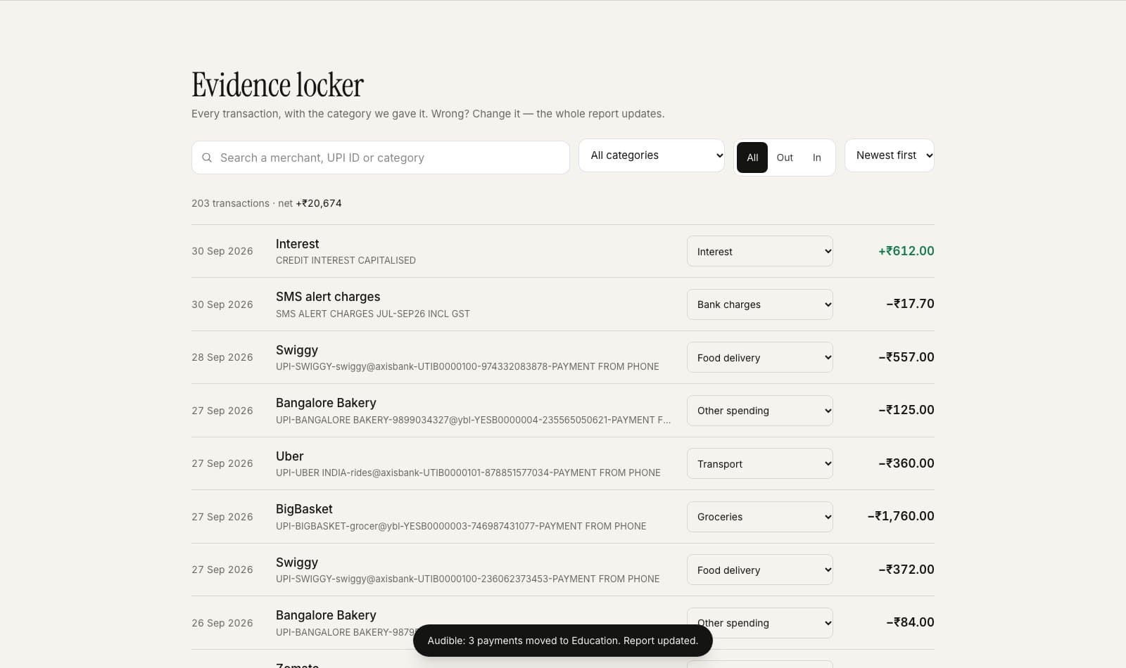 Evidence locker: re-labelling a merchant updates the report