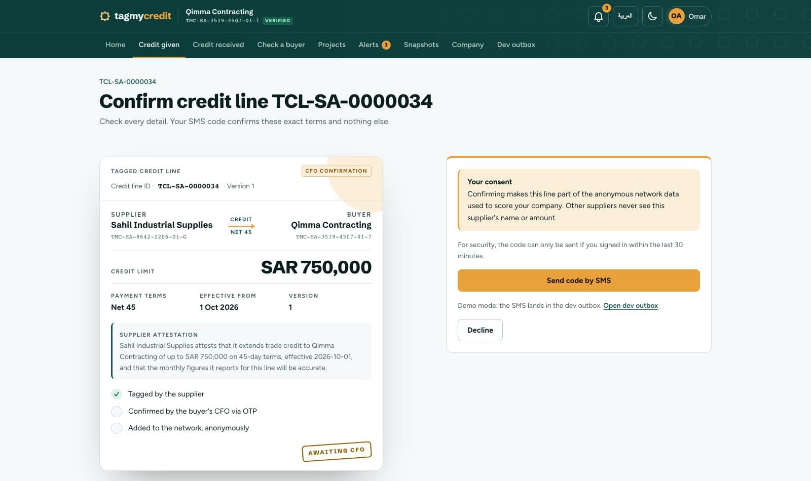 CFO confirming a credit line with a one-time code