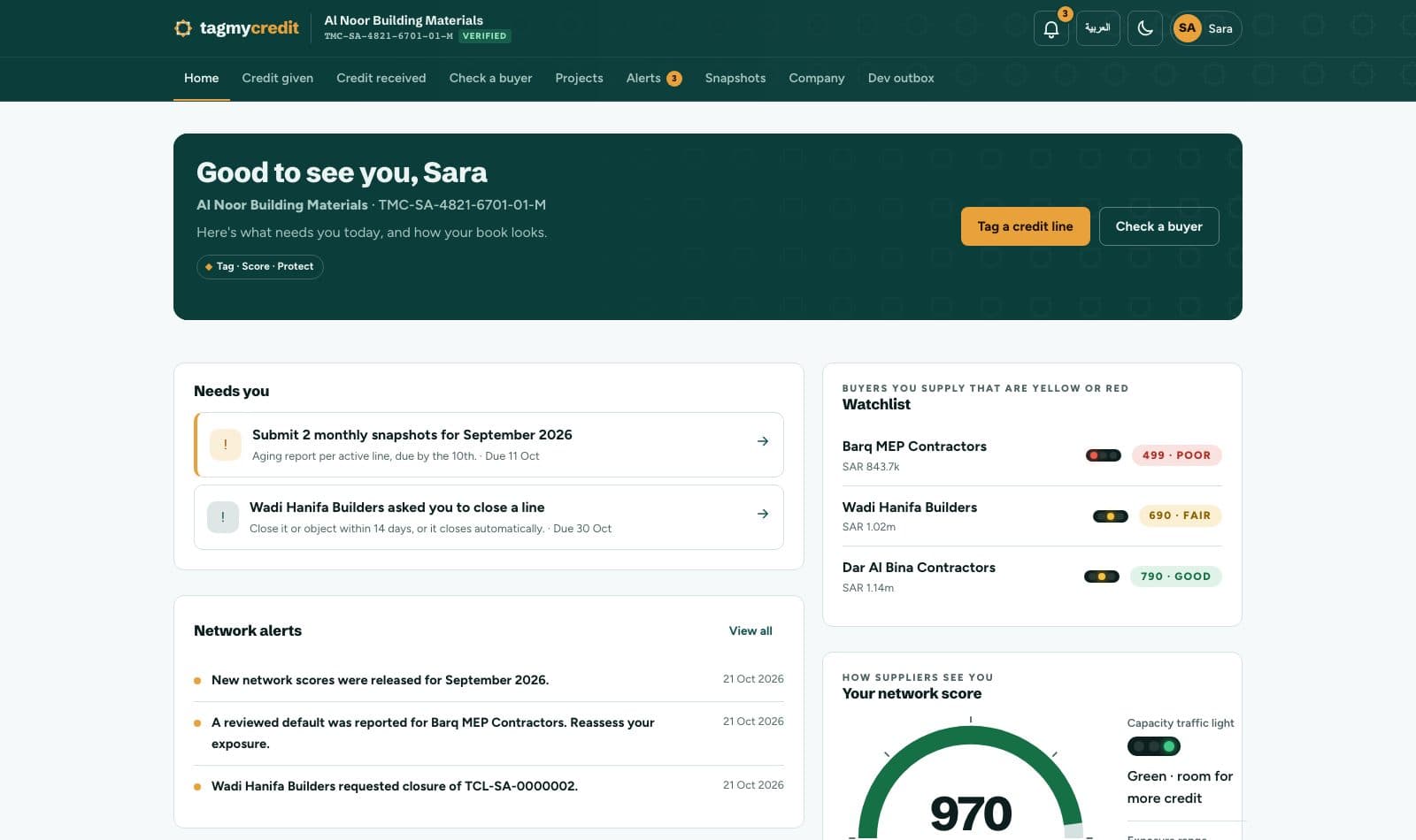 TagMyCredit dashboard for a supplier credit manager