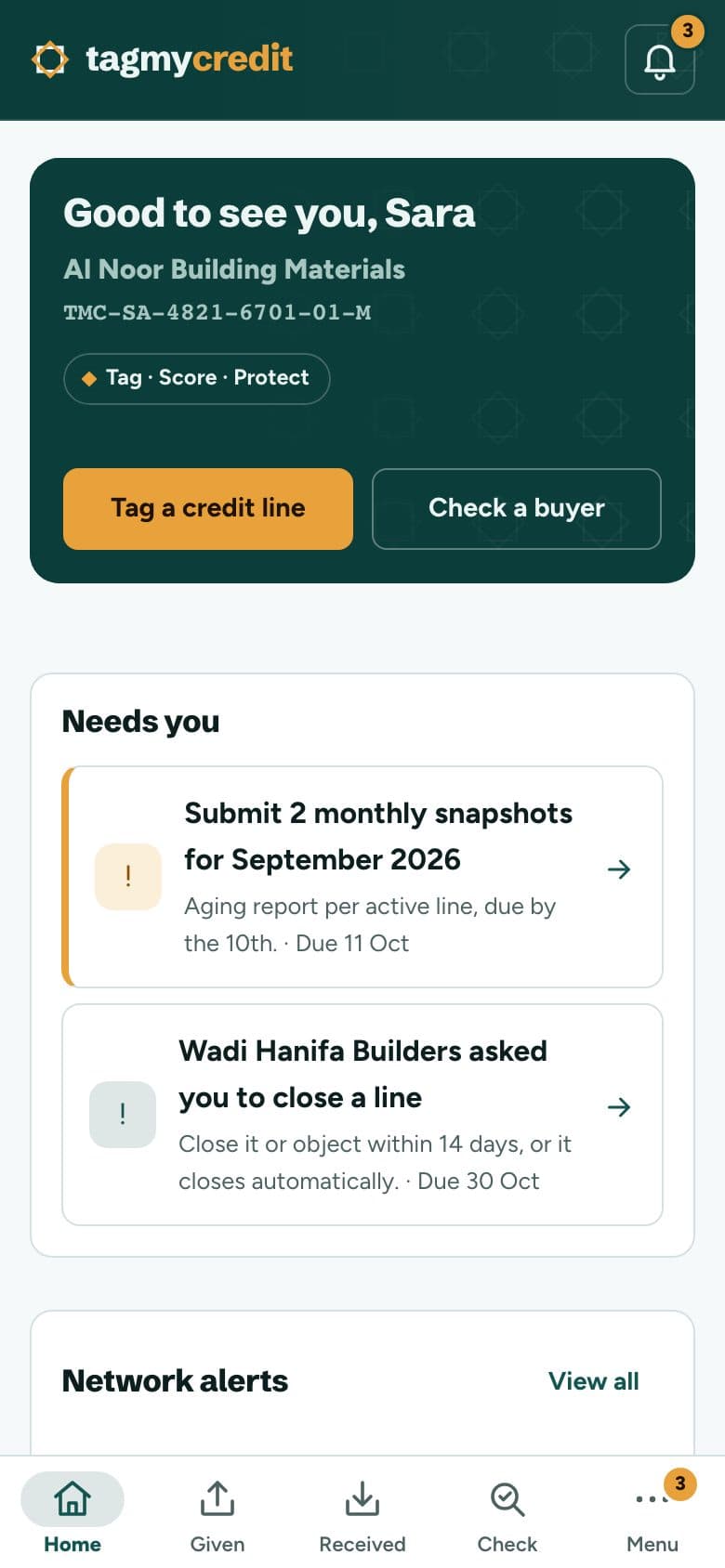 TagMyCredit mobile web app home screen